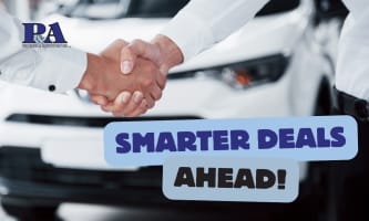 two people shaking hands in front of a new car that says Smarter Deals Ahead 
