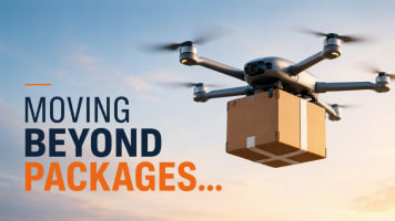 A delivery drone carries a cardboard package through the sky beside the words “Moving Beyond Packages.”