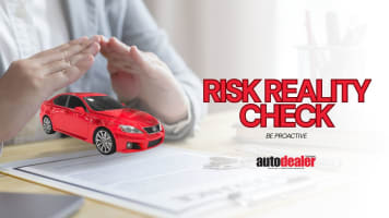 hands making protective frame over red car, Risk Reality Check, Be Proactive, Auto Dealer Today logo