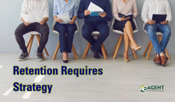 five people sitting in a row with paperwork, Retention Requires Strategy, Agent Entrepreneur logo