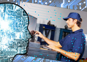 Conceptual Illustration of artificial intelligence in a truck maintenance shop