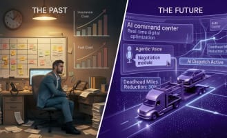 A manual, traditional logistics dispatch center versus a futuristic AI-driven illustrative diagram of a future logistics operation.