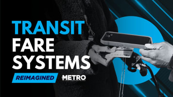 A white, blue, and black graphic with a black and white image of hands tapping a fare card and text reading "Transit Fare Systems Reimagined."