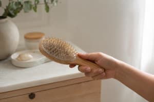 A hand holding a hairbrush, and there is hair in the brush. 