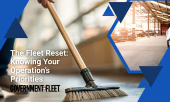a person sweeping with another image of a garage and the government fleet logo.