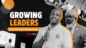 A black, white, and orange graphic with black white images. Text reads "Growing Leaders: How to Cultivate Internal Talent."