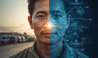 Image of a fleet manager with fleet on left, data on right of his face. 