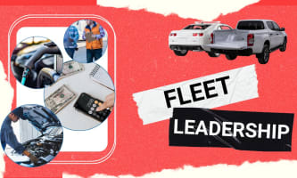 a collage of fleet images, including trucks, data, and people. 