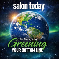A beautiful graphic of the earth with the salon today logo and article's title, "The Benefits of Greening Your Bottom Line."
