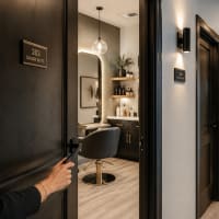We see a hand opening a door into a salon suite.