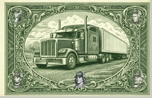 Illustrated semi truck framed like a dollar bill, symbolizing the trucking industry’s role in the U.S. economy and freight movement.