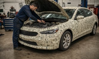 A mechanic repairs a car made out of money. 
