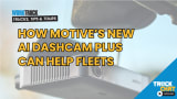 Video thumbnail showing background image of a dash cam, headline How Motive's New AI Dashcam Plus Can Help Fleets, and logos for Work Truck and Truck Chat.