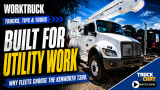 Work Truck Trucks, Tips & Tours YouTube thumbnail featuring a Kenworth T380 bucket truck with the headline “Built for Utility Work,” promoting why utility fleets choose the Kenworth T380, with a Truck Chat “Watch Now” button.