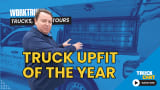 Man with outstretched arms pointing to a toolbox on the side of a work truck cap with logos for Work Truck and Truck Chat and a headline, Truck Upfit of the Year.