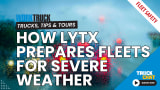 Background image of a rainy windshield and brake lights with logos for Truck Chat and Work Truck and a headline How Lytx Prepares Fleets for Severe Weather.