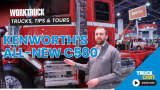Man talks in front of a large red truck with logos for Work Truck and Truck Chat and blue headline Kenworth's All-New C580.