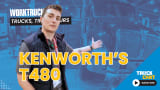 Person gesturing toward a big truck, tinted blue in background image, with yellow headline Kenworth's T480 and logos for Work Truck and Truck Chat.