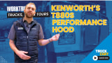Man talking and gesturing in front of a large Kenworth truck, tinted blue in the background, and yellow headline Kenworth's T880S Performance Hood and logos for Truck Chat and Work Truck.