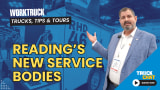 Man in business attire talking and gesturing in front of a truck, tinted blue background, with yellow headline Reading's New Service Bodies, and logos for Truck Chat and Work Truck.
