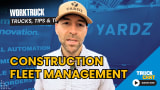Man wearing a brown ballcap talking in front of a tradeshow sign for YARDZ, logos for Work Truck and Truck Chat, and headline Construction Fleet Management.