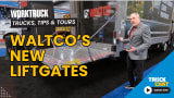 Image standing by a truck and talking about an extended liftgate, logos for Work Truck and Truck Chat, and yellow headline WALTCO's New Liftgates.