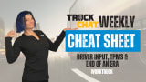 Host Lauren Fletcher gestures toward “Truck Chat Weekly Cheat Sheet” graphic highlighting driver input, TPMS benefits, and the end of International CV Series production.