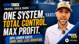 Man at YARDZ booth with bold text promoting fleet management benefits and cost savings.