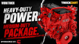Promotional graphic for a TruckChat video featuring the bright red Cummins X10 engine on a black background with bold text reading “Heavy-Duty Power. Medium-Duty Package.” Sponsored by Cummins.