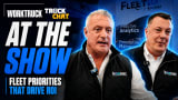 Work Truck Truck Chat promotional graphic featuring two representatives from Kooner Fleet Management Solutions discussing fleet ROI, predictive analytics, preventive maintenance, and fleet priorities at a trade show.