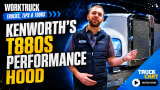 Man talking and gesturing in front of a large Kenworth truck, tinted blue in the background, and yellow headline Kenworth's T880S Performance Hood and logos for Truck Chat and Work Truck.