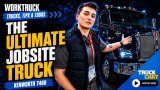 Person gesturing toward a big truck, tinted blue in background image, with yellow headline Kenworth's T480 and logos for Work Truck and Truck Chat.