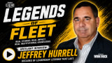 Promotional graphic for the Fleet Legends interview series featuring fleet industry veteran Jeffrey Hurrell. The thumbnail shows Hurrell in a dark suit against a black and yellow background with large "Legends of Fleet" branding. Text highlights a spotlight interview focused on decades of leadership, fleet management experience, and industry insights.