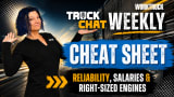 Lauren Fletcher poses beside a bold “Truck Chat Weekly Cheat Sheet” graphic featuring this week’s topics: reliability, rising fleet salaries, and right-sized engines against a moving truck background.