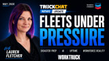 Podcast-style thumbnail featuring Lauren Fletcher with bold text reading “Fleets Under Pressure” alongside themes including disaster preparedness, AI, uptime, and workforce reality on a dark blue modern news-style background.