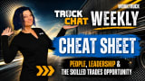 Lauren Fletcher stands beside a bold Truck Chat Weekly Cheat Sheet graphic featuring a commercial truck background and the headline "People, Leadership & the Skilled Trades Opportunity," highlighting workforce, leadership, and fleet industry news.