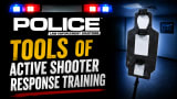 Promotional graphic for Police Magazine YouTube video featuring flashing police lights, a reactive shooting target in a training room, and the headline “Tools of Active Shooter Response Training.”