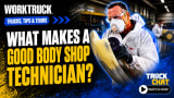 Promotional graphic for a Work Truck “Trucks, Tips & Tours” video featuring a body shop technician in protective gear polishing a vehicle panel, with bold text asking, “What Makes a Good Body Shop Technician?” and a Truck Chat watch prompt.