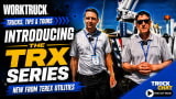Work Truck “Trucks, Tips & Tours” thumbnail featuring two Terex Utilities representatives beside a Terex TRX Series bucket truck, with the headline “Introducing the TRX Series” and subhead “New from Terex Utilities.”