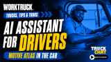 Work Truck Trucks, Tips & Tours YouTube thumbnail promoting Motive Atlas as an AI assistant for drivers, featuring a smiling truck driver wearing a headset in the cab with the headline, “AI Assistant for Drivers,” and a Truck Chat “Watch Now” button.
