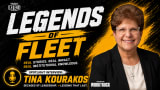 Tina Kourakos smiles beside bold black-and-yellow Fleet Legends graphics promoting her spotlight interview on decades of fleet leadership.