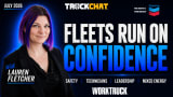 Lauren Fletcher stands against a dark blue background beside the headline “Fleets Run on Confidence.” Additional text reads “July 2026” and “Safety, Technicians, Leadership, Mixed Energy.”