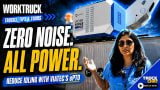 Work Truck Trucks, Tips & Tours YouTube thumbnail featuring a Viatec WorkForce ePTO system and presenter with the headline, “Zero Noise. All Power.” promoting reduced idling with Viatec’s electric power take-off technology.