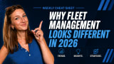 On the left, a smiling woman in a blue sleeveless polo points upward against a dark navy background with blue graphic accents. On the right, large bold text reads “WHY FLEET MANAGEMENT LOOKS DIFFERENT IN 2026” beneath a “WEEKLY CHEAT SHEET” header. Along the bottom are icons labeled “Trends,” “Insights,” and “Strategies.” The design uses a professional blue-and-white color scheme with modern geometric elements and a corporate, technology-focused aesthetic.