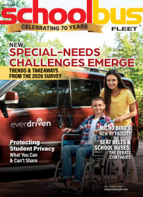 february 2026 school bus fleet magazine cover picturing a student in a wheelchair next to a red van and an adult behind him