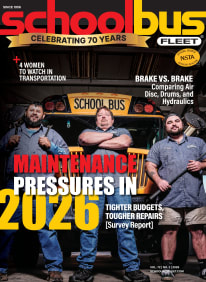 March 2026 school bus fleet magazine cover three school bus mechanics posing in front of a school bus