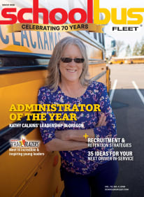 school bus fleet april/may 2026 magazine cover featuring the administrator of the year winner Kathy Calkins
