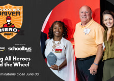 Promotional graphic for the School Bus Driver Hero Award. Text reads "Calling All Heroes Behind the Wheel" and notes that nominations close June 30. Sponsored by AngelTrax and presented by School Bus Fleet. The image includes the award logo and a photo the 2025 winner at an awards event.
