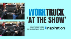 Lauren Fletcher interviews Amy Soderquist and Jack Leffler from Inspiration Mobility about electric fleet support at Work Truck Week on a black couch in the expo hall.