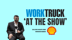 Mohamad Kabbani of Shell Fleet Solutions U.S. being interviewed by Work Truck during the ‘At The Show’ video series, with Shell and Work Truck logos on a blue background.